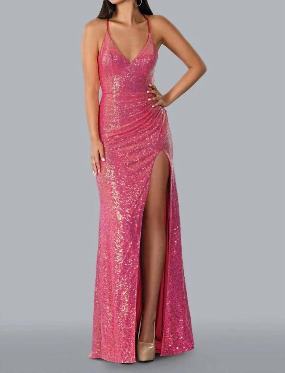 NEW STELLA COUTURE long sexy sparkling evening gown in fuchsia